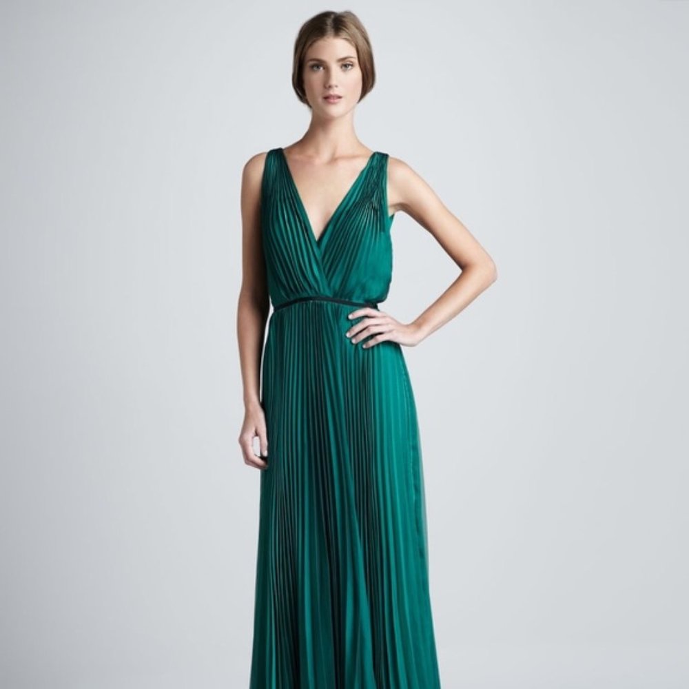 Halston Heritage Green Pleated Evening Gown